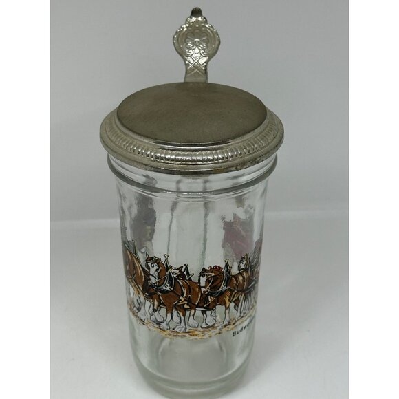 VTG Budweiser Clydesdales Glass Beer Stein w/ Lid Barware Collectible 5.5x6 RARE - Picture 3 of 10
